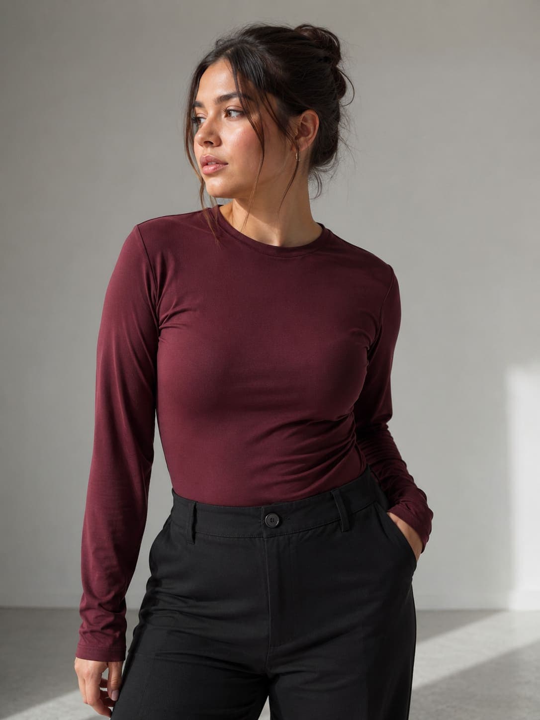 Body cuello redondo manga larga bordo